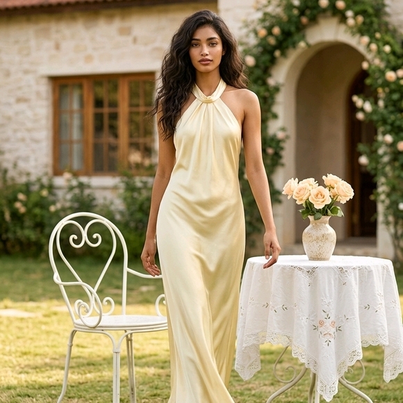 Zara Pale Yellow Halter Backless Satin Maxi Dress - Picture 5 of 8